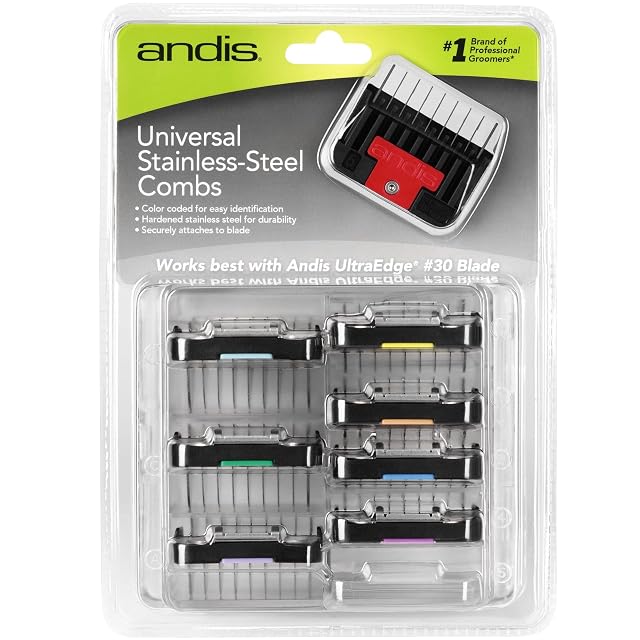 Andis set of eight lifted hardened stainless steel clipper guide combs