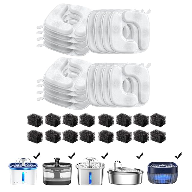 Veken F1 Series sixteen-pack of cat fountain filters with sponges and brushes