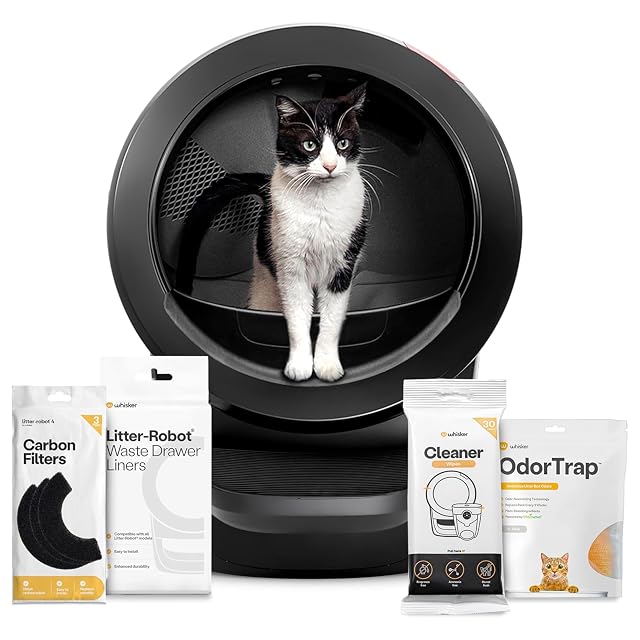 Whisker Litter-Robot 4 black automatic self-cleaning litter box with supplies
