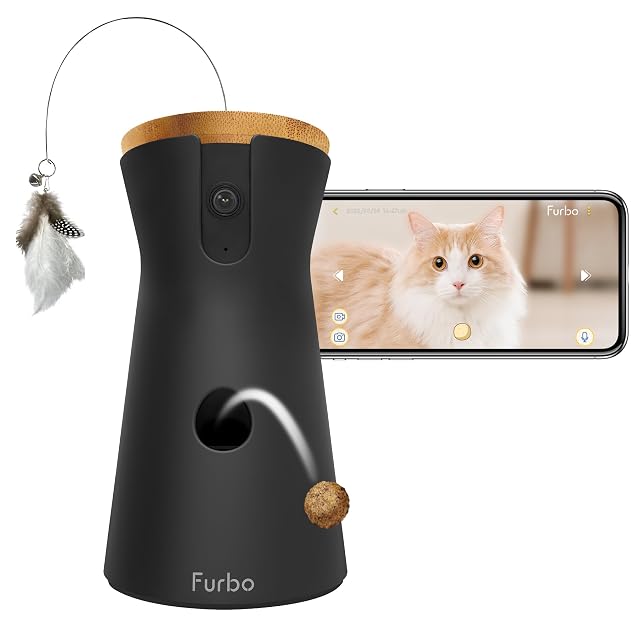 Furbo 360 degree cat camera with treat dispenser and feather wand